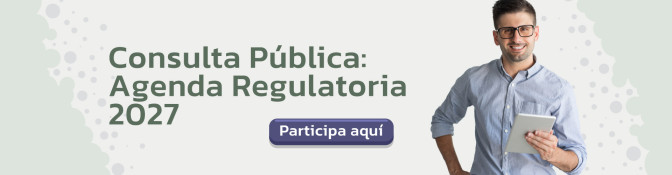 Banner de invitación a la Consulta Pública de la Agenda Regulatoria 2027, con botón para participar y hombre sosteniendo...